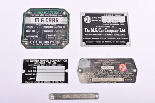 BRITISH CHASSIS PLATES: A group of five British chassis plates. MG Chassis Plates