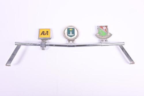AUSTRALIAN BADGE RAIL: A DESMO, ENGLAND badge rail with three attached Australian car badges including 'AA', 'AND GLADLY TECHE', 'WOODLAWN - OLD BOYS UNION'