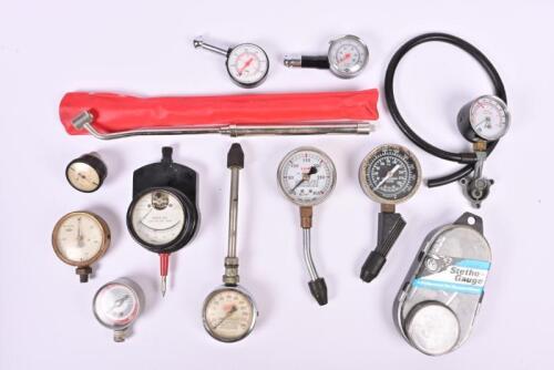 GAUGES: A collection of gauges by various manufacturers. Repco COMPRESSION GAUGE manufactured by Replex Pty Ltd, MELB AUSTRALIA