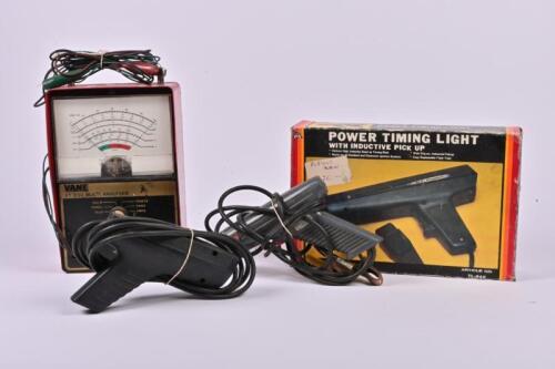 AUTOMOTIVE PARTS: A small group of automotive parts. Power Timing Lights & Vane Multi Analyser