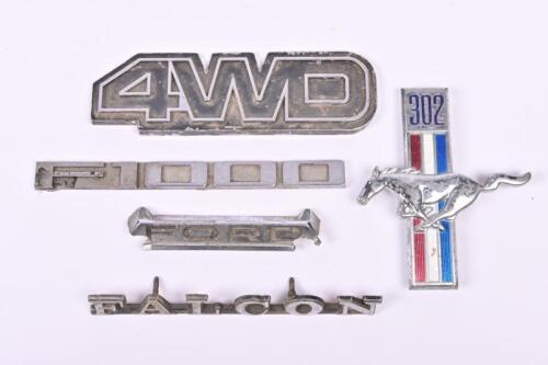 FORD: Five Ford car badges. 'FALCON' badge, 'F1000' badge, 'Mustang 302' badges