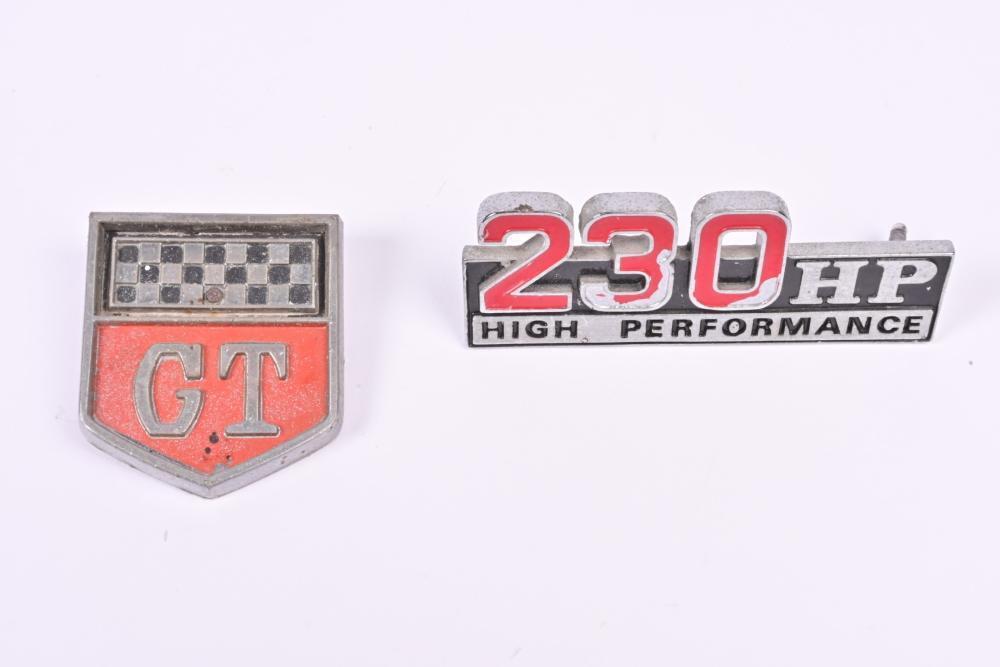 FORD: Two Ford Performance car badges. 'GT' & '230 HP HIGH PERFORMANCE ...