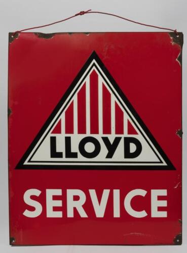 LLOYD: A mid-century Lloyd Service German produced folded edge enamel sign, 79cm high x 64cm wide