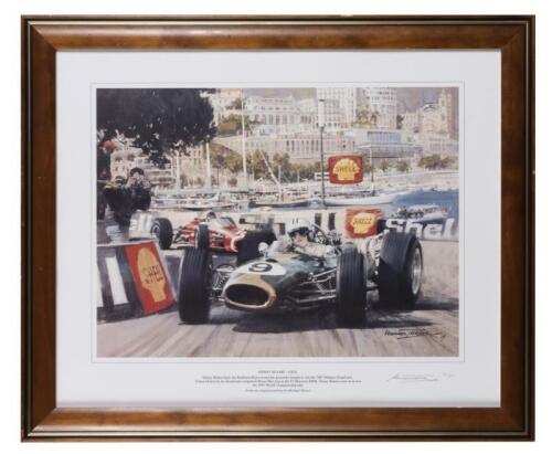BRABHAM: A limited edition print featuring Denny Hulme OBE rounding the gasworks hairpin to win the 1967 Monaco GP, numbered and signed