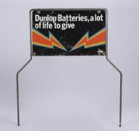 DUNLOP: A double sided tin Dunlop Batteries "a lot of life to give" display sign from a battery rack, 65cm high x 59cm wide overall
