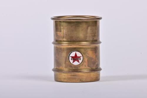 CALTEX: A rare original Caltex brass oil drum storage barrel inscribed "COMPLIMENTS OF CALTEX (ASIA) LIMITED, TAIPEI. TAIWAN" 9.5cm high