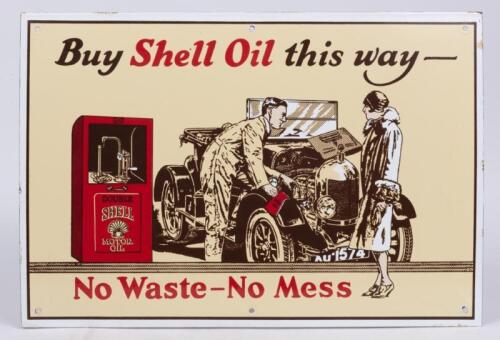 SHELL: A high quality reproduction enamel sign "Buy Shell Oil this way, No Waste-No Mess", 35.5cm high x 52cm wide