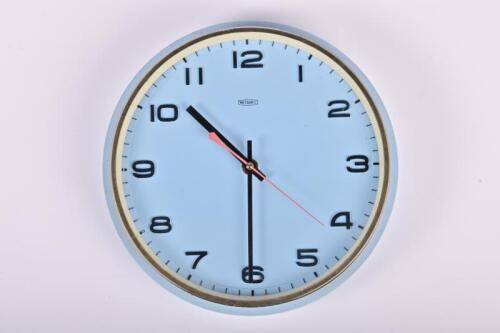 WALL CLOCK: A mid century sky blue Metamec wall clock, 22cm diameter