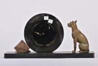 MANTLE CLOCK GARNITURE: An Art Deco marble, slate and spelter 30 hour mantle clock garniture, the centre piece 20cm high, 41cm wide, 9cm deep - 3