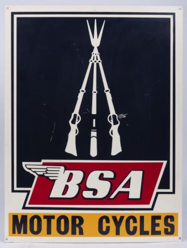BSA: A reproduction tin 'BSA Motorcycles' sign advertising sign, 60cm high x 45cm wide.