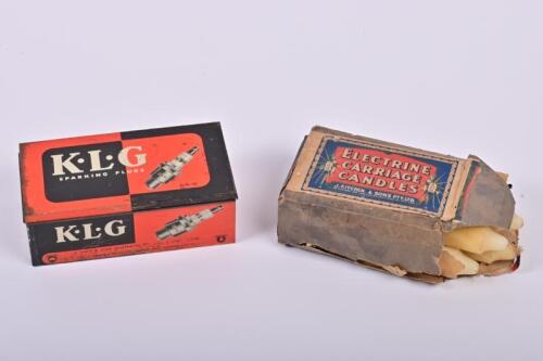 CARRIAGE CANDLES/SPARK PLUGS: A box of 'ELECTRINE CARRIAGE CANDLES' & K.L.G Spark Plug Tin Box