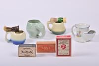 SHAVING: A collection of shaving related items comprising 4 shaving mugs, 2 shaving brushes and 3 razor blades boxes (empty)
the largest mug 10cm high