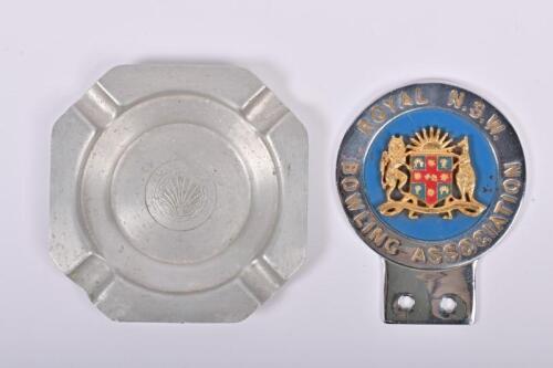 MOTORING: Two motoring related items. 'ROYAL N.S.W BOWLING ASSOCIATION' car badge & 'SHELL MOTOR OIL & SPIRIT' ashtray
