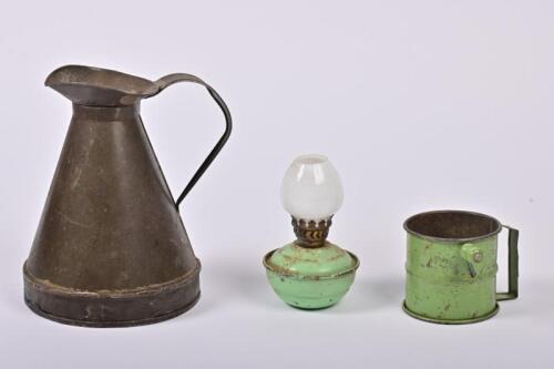 KITCHENALIA: A metal water carafe, a small flour sieve and a small oil lamp, the carafe 20cm high