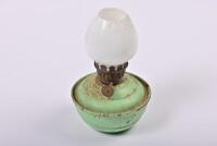 KITCHENALIA: A metal water carafe, a small flour sieve and a small oil lamp, the carafe 20cm high - 2