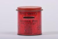 MONEY BOX: A circa 1930s English 'Post Office Savings Box' tin pillar box form money box by Willow, 8.5cm high