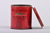 MONEY BOX: A circa 1930s English 'Post Office Savings Box' tin pillar box form money box by Willow, 8.5cm high - 2