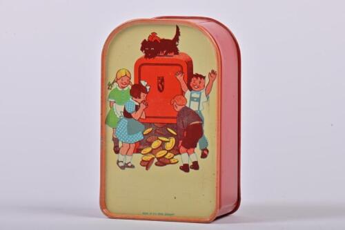 MONEY BOX: A circa 1950s German children's lithograph printed tin money box, 12cm high