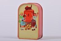 MONEY BOX: A circa 1950s German children's lithograph printed tin money box, 12cm high
