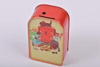 MONEY BOX: A circa 1950s German children's lithograph printed tin money box, 12cm high - 2