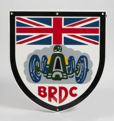 BRDC: A reproduction enamel shield form enamel sign of the British Racing Drivers Association, 43cm high x 40cm wide
