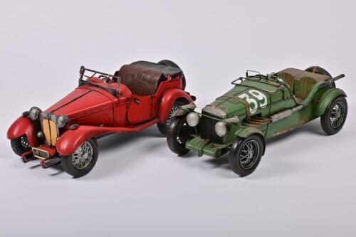 MG: Two modern rustic metal models of MG styled cars by Boyle Automobelia, each approx. 12cm high x 37cm long