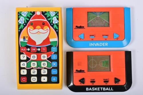 COMPUTER CONSOLES: Two handheld gaming consoles 'Invader' and 'Basketball', basketball in working condition, invader not working, together with a Taiwanese christmas themed calculator