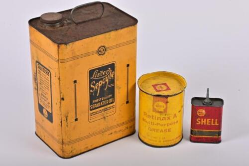 SHELL/G&N: Three oil and grease tins/cans. G&N (Gippsland & Northern Co-operative Company Ltd) one gallon Lister Sepoyle Separator Oil tin