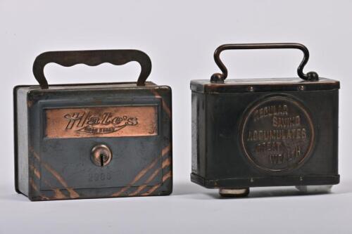 MONEY BOXES: Two 1920/30s American 'Satchel Bank' electroplated steel money boxes