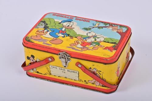 DONALD DUCK: A 1950s Donald Duck lithograph printed tin lunch box or pencil case, 9cm high, 22cm wide, 14cm deep