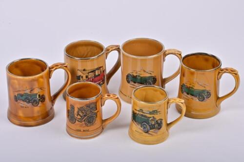 CLASSIC CARS: A set of six Wade classic car decorated ceramic tankards, the largest 12cm high