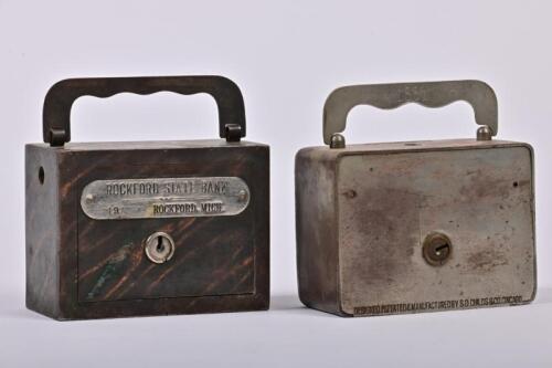 MONEY BOXES: Two 1920/30s American 'Satchel Bank' money boxes, a Rockford State Bank steel money box by WF Burns Co, 8.5cm high and a nickel plated steel money box, designed and manufactured by SD child's & Co, Chicago, USA , 16cm high