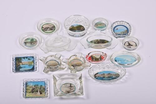 TOURISTWARE: A collection of vintage Australian tourist glass ashtray and desk ornaments, the largest 16cm wide