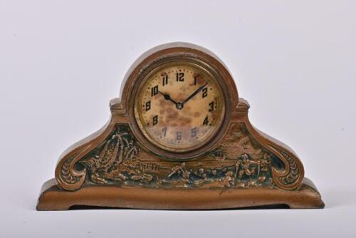 MONEY BOX: An early 20th century American bronzed painted cast iron National Ulster County Bank mantel clock form money box, 10cm high