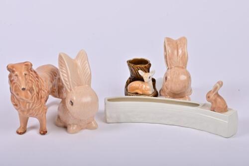 SYLVAC POTTERY: A collection of Sylvac pottery figures, including a rough collie and two bunny figures, the largest 13cm high