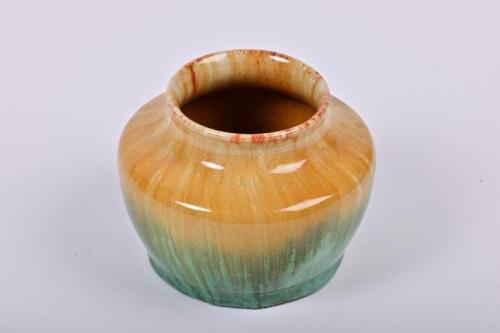 JOHN CAMPBELL: A John Campbell Tasmanian pottery green and yellow ochre drip glaze vase, incised signature and date to base: John Campbell 1934, 8cm high