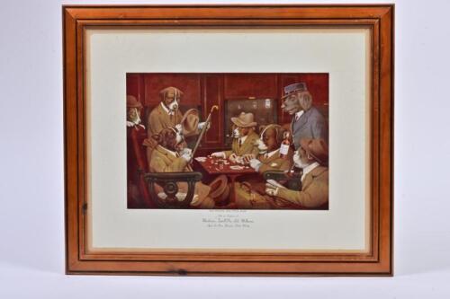 PETER DAWSON SCOTCH: A set of four framed advertising posters for Peter Dawson Scotch Whisky featuring Cassius Coolidge's 'Dogs Playing Cards', purportedly from a Richmond, Tasmanian hotel bar, includes 'His Station and four Aces', 'A Bold Bluff', 'A Wate