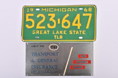 NUMBER PLATE/PLAQUE: A number plate and plaque. U.S 1968 Michigan (GREAT LAKE STATE TLR) number plate