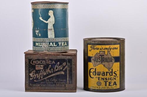 TEA TINS: Two large tea tins, Edwards 'Ensign' Tea and Mutual Tea, the largest 33cm high, 27cm diameter