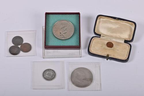 COINS: A collections of British coins, including fathings, shilling and a Churchill crown