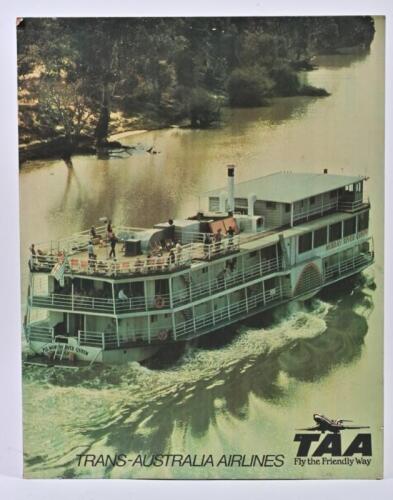 TRANS AUSTRALIAN AIRLINES: A Trans Australian Airline mounted advertising poster featuring a picture of the Murray River Queen paddle boat, 76 x 60cm