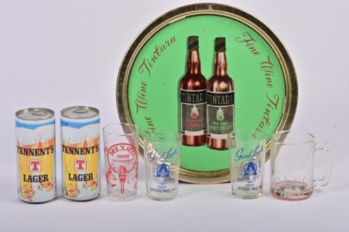ALCOHOL: A collection of vintage alcohol related items, including a Tintara tray, two circa 1980s Tennents Lager cans and a collection of glassware, the tray 31cm diameter