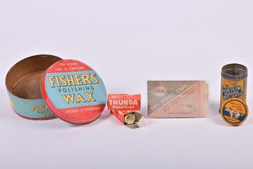 VINTAGE HOUSEHOLD PACKAGING: A small collection of mid-20th century packages, including an unusual cardboard wax container, the wax container 5cm high, 12cm diameter
