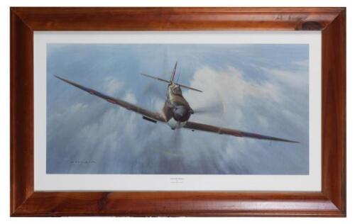 SPITFIRE: A print of a painting by Gerard Coulson 'Spitfire Magic' featuring a Spitfire, framed and glazed, 57 x 91cm overall