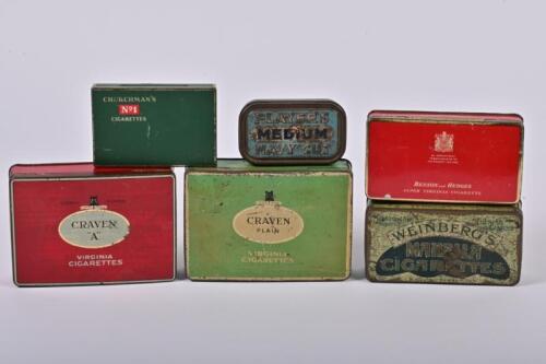 TOBACCO TINS: A collection of six cigarette and tobacco tins, including Craven A, the largest 4cm high, 15.5cm wide, 11cm deep