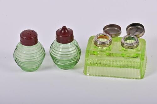 GREEN GLASS: A collection of 1960/70s green glass, including a green glass inkwell, the largest 7cm high