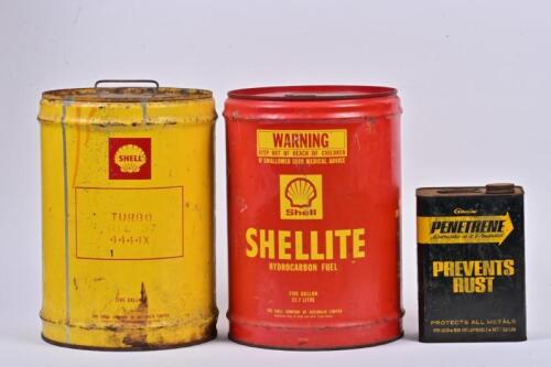 SHELL: Two five gallon Shell fuel drums and a 1 gallon Penetrene Prevents Rust tin