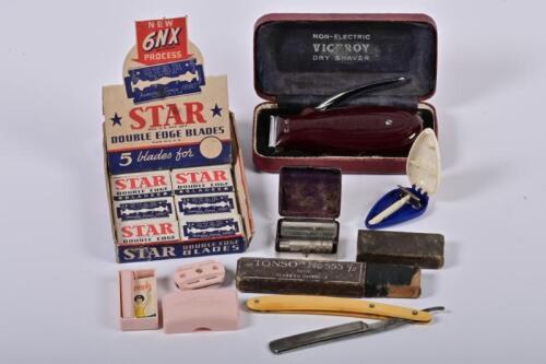 SHAVING: A collection of early to mid-20th century shaving equipment, including a circa 1930 Viceroy Dry Shaver, a cut throat razor and a shop display pack of Star razor blades