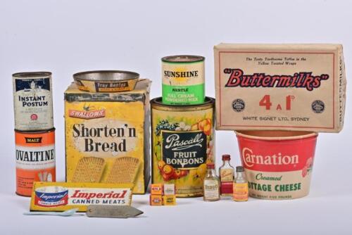 VINTAGE CONTAINERS: A large collection of 1950/60s containers including tins, boxes, bottle and a tin sign, the largest 24cm high, 18.5cm wide, 18.5cm deep