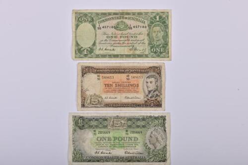 AUSTRALIA: Three Australian notes, two one pound notes and a ten shilling note